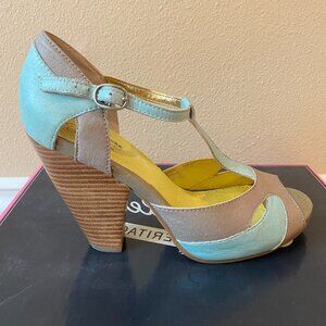 SEYCHELLES Heritage Apology Accepted Aqua/Stone Leather T-Strap Pump Size 7.5 US